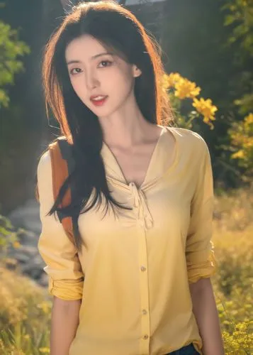 beautiful chinese woman with very short black hair posing in a field,iu,yellow background,yellow jumpsuit,yellow,yellow color,joy