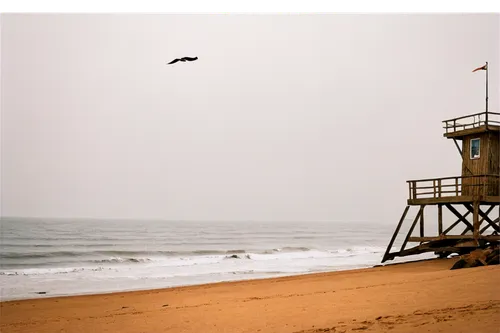 North Sea, ocean waves, misty fog, cloudy sky, rocky coastline, seagulls flying, sailboat in distance, lifeguard tower, sandy beach, weathered wooden planks, rusty anchor, nostalgic color tone, warm s