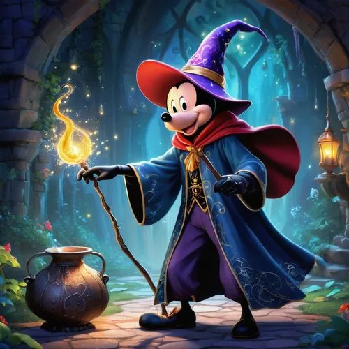 A vibrant, colorful scene where a character reminiscent of Mickey Mouse is dressed as a whimsical wizard with a pointy hat and cape, holding a sparkling wand over an enchantingly bubbling cauldron. Th