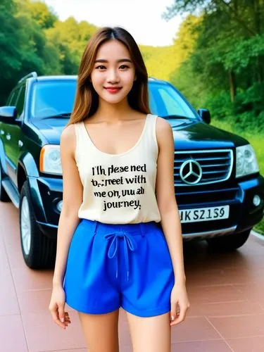 Oh please, I need you to take me with you on your great journey!,an asian woman posing for a po near a car,car model,wangsness,maruti,lada,pi mai,thongsuk