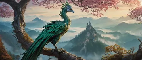 fantasy picture,fantasy landscape,bird kingdom,fantasy art,quetzal,bird painting,bird bird kingdom,world digital painting,gonepteryx cleopatra,fairy peacock,peacock,forest dragon,bird on branch,green dragon,elven forest,landscape background,peafowl,nature bird,crane-like bird,gryphon,Conceptual Art,Fantasy,Fantasy 24