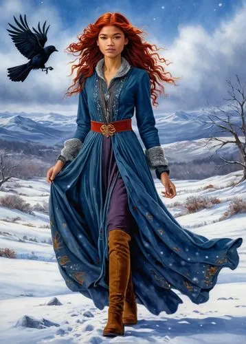 (zendaya:1.4) painting of a woman with long red hair, snowy moor, by Arabella Rankine, among the ravens, deep emotions, storybook style inspired by John Eyre, messy haircut, housewife, blue dress, red