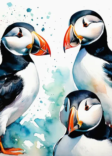 puffins,atlantic puffin,puffin,sea birds,arctic birds,bird painting,penguins,terns,african penguins,seabirds,birds of the sea,chinstrap penguin,antarctic bird,gentoo,toucans,penguin couple,emperor penguins,galliformes,gentoo penguin,king penguins,Illustration,Paper based,Paper Based 07