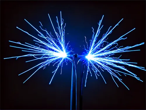 Electric spark, glowing blue arc, crackling sound, high voltage, laboratory equipment, metal rods, sparks flying everywhere, dark background, spotlight on spark, cinematic composition, shallow depth o