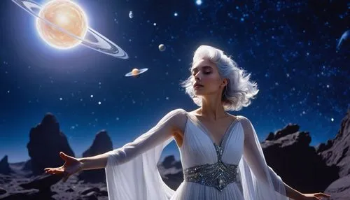 Cosmic being, celestial entity, glowing aura, ethereal beauty, iridescent skin, shimmering silver hair, galaxy-inspired makeup, delicate fingers, flowing white gown, starry night sky, nebula backgroun