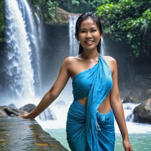 erawan waterfall national park,vietnamese woman,water nymph,miss vietnam,vietnamese,laos,nymphaea,sarong,cambodia,sari,teal blue asia,chiang mai,siem reap,thukpa,water fall,waterfalls,thai,girl in a long dress,filipino,waterfall,Photography,General,Realistic