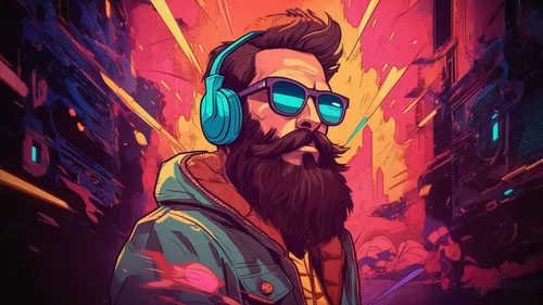 vector art,vector illustration,dj,music background,vector graphic,cyberpunk,80s,electro,80's design,pilot,vector design,fan art,musician,beard,digital art,retro music,guru,pyro,game art,world digital painting