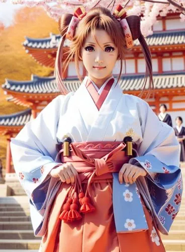 idol, cosplay, girl, japanese clothes, solo, twintails, hands on hips, miko, hair ribbon,  hakama, pink hair, smile, brown hair, looking at viewer, red hakama, ,a woman in a geisha outfit posing for t