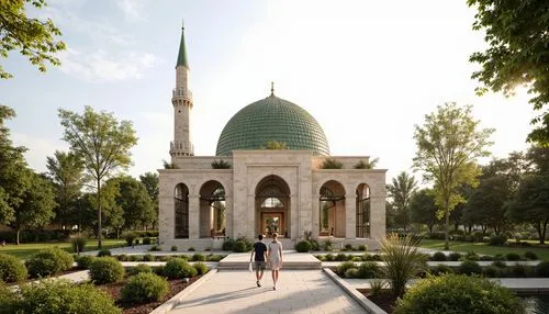 Eco-friendly mosque, green dome, solar-powered minaret, natural stone fa\u00e7ade, recycled water features, energy-efficient lighting systems, ventilated prayer halls, organic garden courtyards, rainw