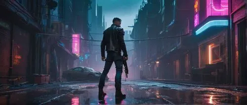 cyberpunk,pedestrian,standing man,walking in the rain,tall man,walking man,alleyway,alley,elongated,dystopian,a pedestrian,sci fiction illustration,dusk,futuristic,pedestrians,elongate,2d,concept art,transistor,metropolis,Art,Classical Oil Painting,Classical Oil Painting 41