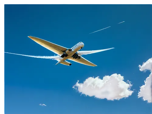 Commercial airliner, flying in clear blue sky, white puffy clouds, sunlight reflecting off wings, shiny metallic body, engines roaring, contrails behind, 1/2 composition, dramatic lighting, vibrant co