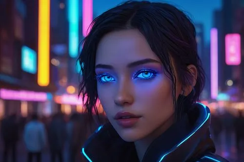 cyberpunk,blu,neon lights,blue light,neon light,ojos azules,cyan,blue eye,cyber,echo,blue eyes,luminous,the blue eye,avatar,neon coffee,futuristic,vector girl,neon,tracer,indigo,Illustration,Realistic Fantasy,Realistic Fantasy 04