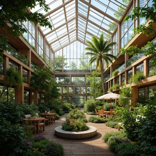 Vibrant botanical greenhouse, lush greenery, exotic plants, tropical flowers, natural stone walls, wooden trellises, modern experimental architecture, angular glass structures, prismatic skylights, so