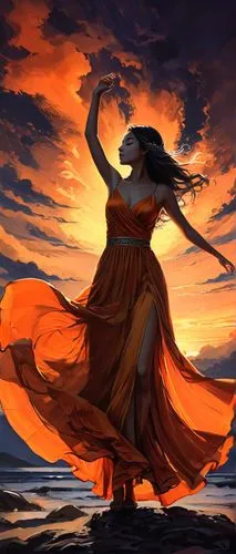 orange robes,orange,wind warrior,the wind from the sea,orange sky,fire dancer,dancing flames,flame spirit,sunset glow,fire dance,fiery,world digital painting,firedancer,bright orange,girl in a long dress,flamenco,fantasy picture,winds,girl on the dune,light bearer,Conceptual Art,Fantasy,Fantasy 03