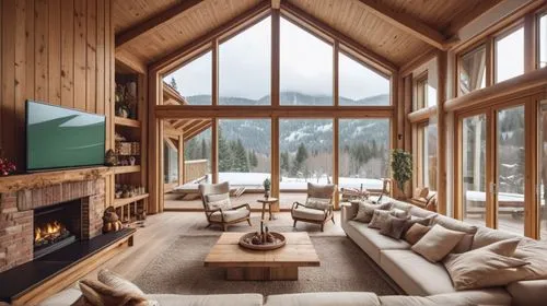 coziness,chalet,the cabin in the mountains,alpine style,coziest,cozier,warm and cozy,log home,snowed in,sunroom,snow house,fire place,family room,log cabin,cozy,winter house,lodge,living room,house in the mountains,beautiful home,Photography,General,Realistic