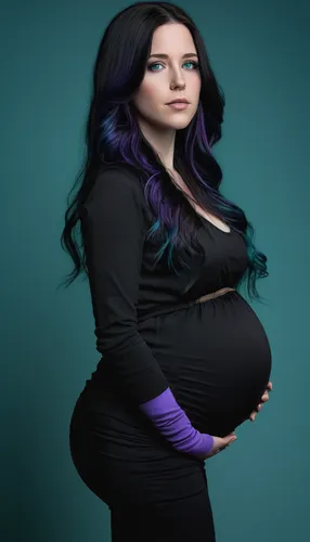 English girl with a long dark hair with purple highlights, pale oval face, turquoise eyes, 7 months pregnant, wearing black outfit Pregnant,Background,HQ,Detailed Faces,pregnant woman,pregnant statue,