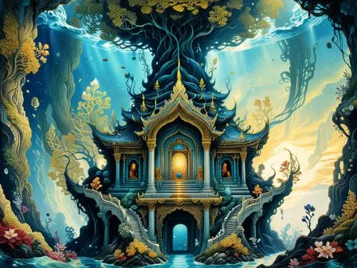 amazing fractal,painting of an underwater temple at the bottom of a cave,fractal environment,fairy house,odditorium,mushroom landscape,fairy village,fantasy world,castlevania,fantasy art,bird kingdom,