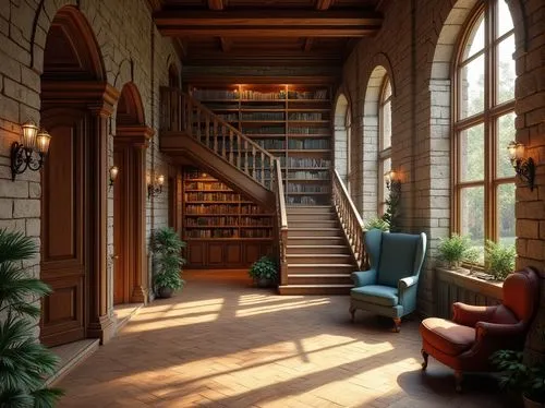 hallway,entryway,hallway space,reading room,staircase,staircases,outside staircase,wooden stairs,bookshelves,stairs,upstairs,bookcases,winding staircase,inglenook,atriums,loft,old library,stair,library,greystone,Photography,General,Realistic