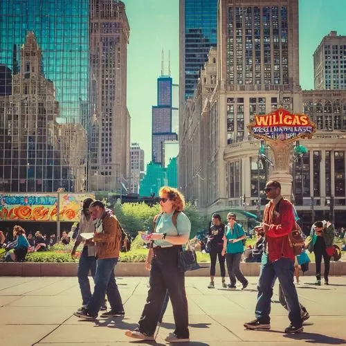 Chicago Architecture Center, daytime, sunny weather, modern building facade, large windows, steel frames, glass exterior, urban cityscape, Willis Tower reflection, Millennium Park background, people t