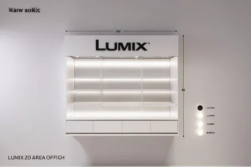 A modern and minimalist botique store cabinet of lumix , white interior, stainless steel, and bar stools and led light effect on the lumix logo,lumix display case is white with light inside,lummox,lum