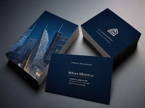 Modern business card, sleek design, silver font, dark blue background, architectural firm logo, 3D building model, glass and steel texture, cityscape at dusk, skyscrapers in the distance, subtle grid 