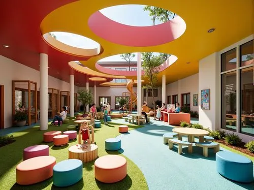 Vibrant kindergarten playground, playful structuralist architecture, bold primary colors, geometric shapes, circular columns, exposed ductwork, open-plan classrooms, collaborative learning spaces, woo