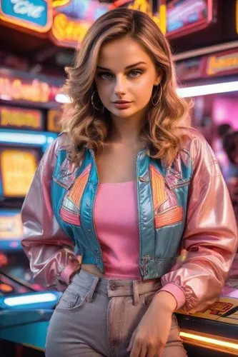 retro woman,jukebox,retro girl,jean jacket,retro women,vegas,retro background,retro,riverdale,topanga,pokies,goldbergs,retro diner,brigette,synth,disco,electropop,pink background,realjukebox,retro look,Photography,Realistic