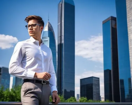 Modern architect, holding portfolio, standing in front of sleek skyscraper, black-framed glasses, short brown hair, white dress shirt, dark gray trousers, black leather shoes, confident pose, cityscap