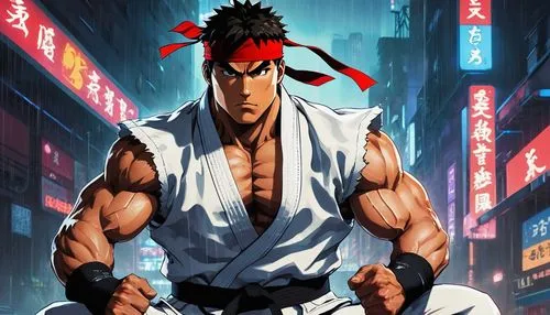 Street Fighter, Ryu, muscular man, intense gaze, spiky hair, red headband, white gi, black belt, worn out sneakers, dynamic pose, city street, neon lights, night scene, rainy atmosphere, steam rising 