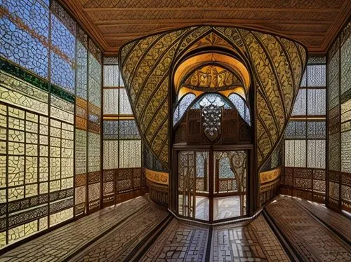 interior perspective of a large arabesque room with carved wood decoration and colored glass. In front is a revolving surface with an arched opening. above the surface there is a convex apse which lea