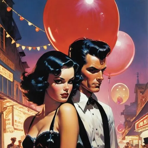 valentine day's pin up,red balloon,red balloons,valentine balloons,valentine pin up,balloons,gold and black balloons,pink balloons,rockabilly,corner balloons,clue and white,balloon,balloon hot air,vintage man and woman,baloons,rockabilly style,pin ups,new year balloons,pompadour,ballooning,Illustration,Paper based,Paper Based 12