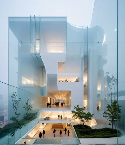 RAW photo, (avant garde building from outside), frontal elevation, curvilinear, white sky, (diffused light:1) (translucent white glass), super reflective metal, biomorphic style, by Kengo Kuma, fog, (