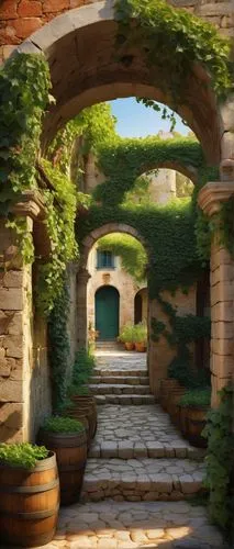 theed,archways,tuscan,wine-growing area,pergola,winery,pathway,merida,volterra,courtyard,courtyards,arches,labyrinthian,medieval street,vineyard,arbor,plant tunnel,doorways,wine barrel,passageway,Illustration,Realistic Fantasy,Realistic Fantasy 05