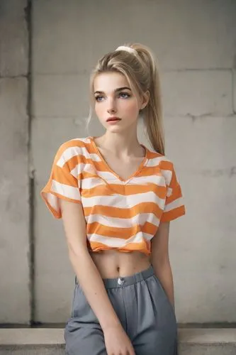 striped background,orange,teen,horizontal stripes,orange color,crop top,orange half,angelica,striped,retro girl,tee,peach color,girl in t-shirt,cotton top,retro woman,female model,tangerine,lis,liberty cotton,gap,Photography,Natural