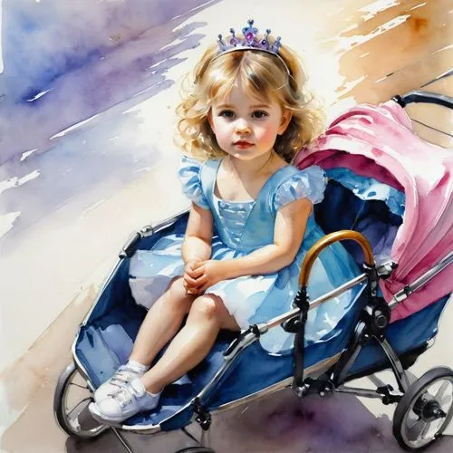 watercolor baby items,watercolor painting,stroller,dolls pram,oil painting,blue pushcart,Illustration,Paper based,Paper Based 11