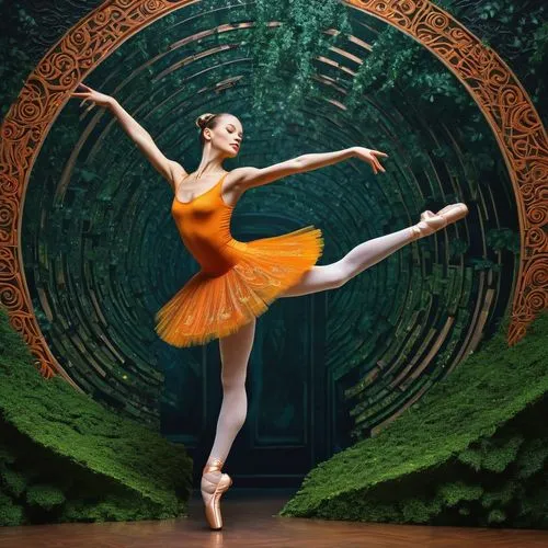 The photograph depicts a masterpiece of music and art, with vibrant greenery and intricate carvings adorning the background. In the center of the image, a diamond-shaped ballerina can be seen dancing 