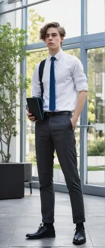 Charter High School for Architecture and Design student, modern uniform, white shirt, blue tie, black blazer, dark grey pants, black leather shoes, backpack, tablet, pencil case, serious facial expres