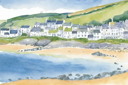 cornwall,runswick bay,carbis bay,perranporth,beach huts,sceleton coast,watercolour,robin hood's bay,seaside country,seaside view,isle of mull,north sea coast,gower,eilean donan,aberdeenshire,mull,beach landscape,seaside resort,cove,cottages,Illustration,Paper based,Paper Based 22