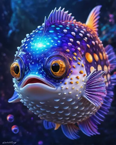 puffer fish,trunkfish,triggerfish,boxfish,fugu,napoleon fish,coral reef fish,beautiful fish,triggerfish-clown,blue fish,marine fish,blue stripe fish,trigger fish,blowfish,sea animal,cowfish,blue angel fish,porcupine fishes,ornamental fish,deep sea fish,Illustration,Realistic Fantasy,Realistic Fantasy 20