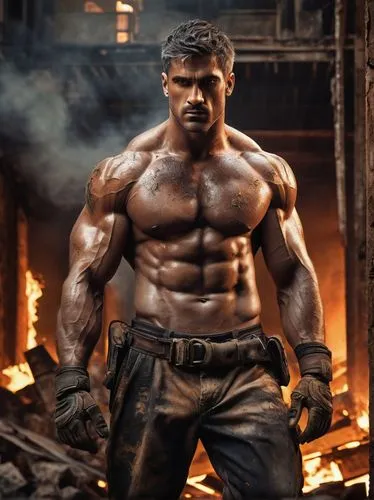 Burning, muscular man, shirtless, rugged skin, intense gaze, blazing inferno background, abandoned, industrial architecture, crumbling walls, steel beams, rusty pipes, broken windows, shattered concre