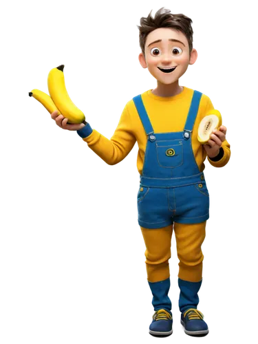 Minion, yellow skin, one eye, blue overalls, funny expression, smiling face, small body, childish pose, holding banana, standing on toes, bright background, soft focus, warm lighting, 3/4 composition,