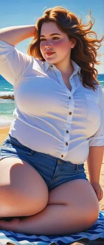 BBW, beautiful chubby girl, inflated belly, shiny skin, tight white shirt, blue denim shorts, bare feet, sitting on a beach towel, seaside, sunny day, clear blue sky, few seagulls flying overhead, gen