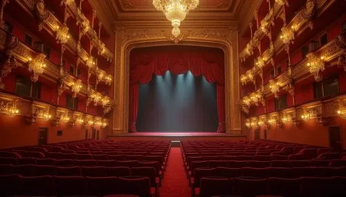 Intimate theater setting, ornate golden balconies, plush red velvet curtains, intricate wooden carvings, crystal chandeliers, soft warm lighting, subtle shadows, luxurious seating areas, acoustic pane