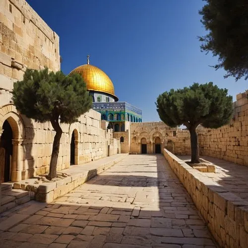 Ancient Jerusalem, historic cityscape, Dome of the Rock, Al-Aqsa Mosque, Western Wall, Church of the Holy Sepulchre, stone buildings, ornate arches, intricate mosaics, golden domes, minarets, narrow c