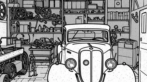 Like comic books,inking,inks,auto repair shop,garage,apothecary,storeroom,auto repair,garages,tinkering,roughs,illustration of a car,mono-line line art,jalopy,shopkeeper,garaged,detail shot,laboratory