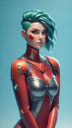 complete head, model face woman, brunette mohawk hair haircut and shave sides,woman with red suit, Mohawk haircut with shaved sides,anakara,fembot,symetra,liora,cyberstar,meka,Unique,3D,3D Character