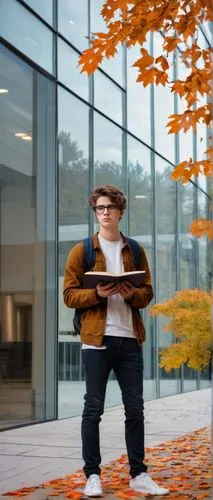 Modern university campus, best architecture school, solo male student, 20yo, glasses, messy brown hair, casual wear, holding a large sketchbook and pencil, standing in front of a sleek glass building,