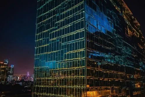 Modern skyscraper, sleek glass facade, metallic frames, intricate details, LED lights, cityscape background, busy streets, night scene, dramatic spotlighting, low-angle shot, cinematic composition, ur