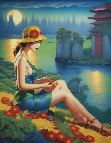 An amazing nude japanese young woman  with red lips and green eyes,a painting of a woman sitting on top of flowers,oriental painting,qixi,japanese art,rongfeng,han thom,haiping,Illustration,Realistic 