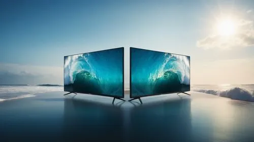 a philips under the glass. with killer wave in the background with high resolution in a dark surface,two large screen televisions with a wave coming towards them,cube sea,cube background,cube surface,